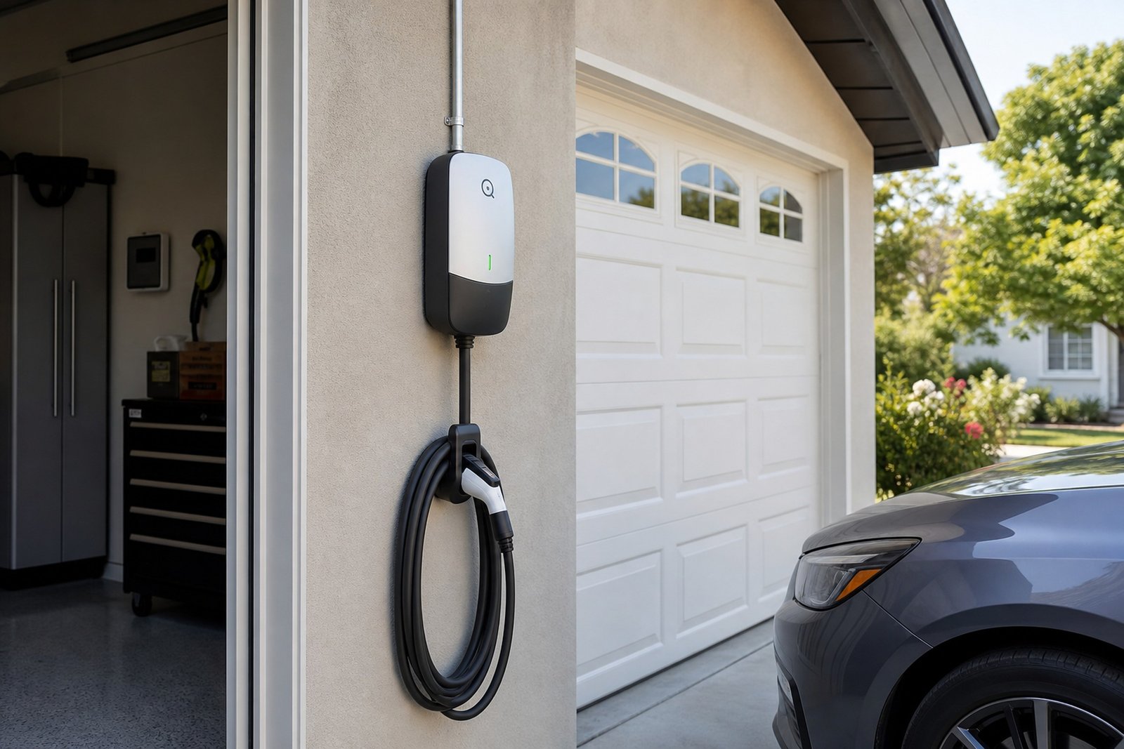 A wall-mounted electric-vehicle charger on beige stucco beside a garage, with the cable coiled on a hook below.