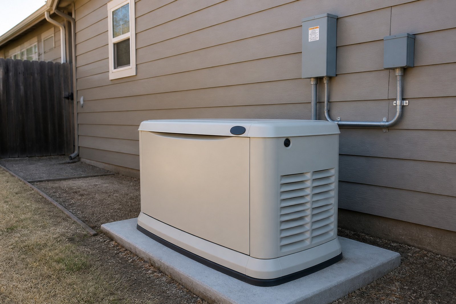 A tan standby generator on a concrete pad beside a house, with conduit running to gray electrical boxes on the siding.