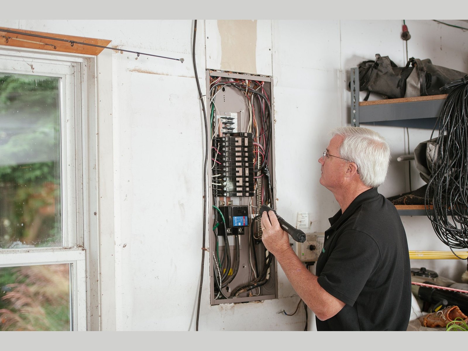 A technician with white hair and glasses shines a flashlight into an open electrical panel.