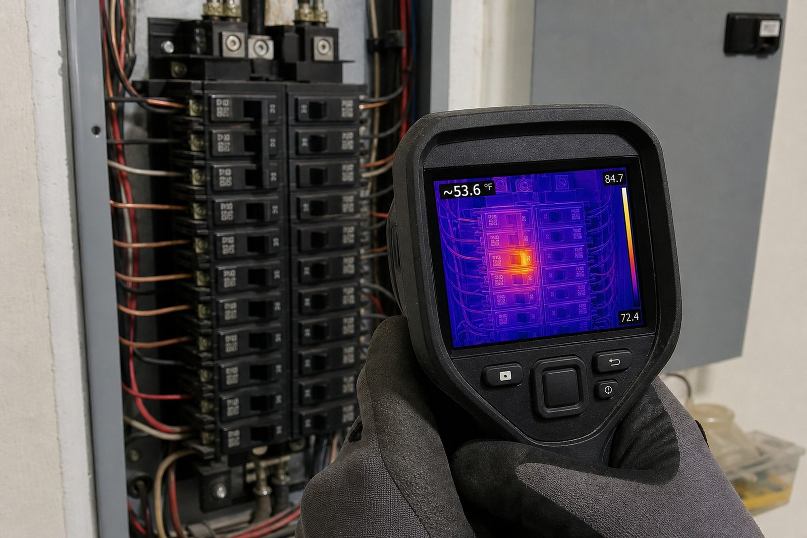 A gloved hand holds a thermal imaging camera in front of an open breaker panel, the screen showing a heat map of the breakers.
