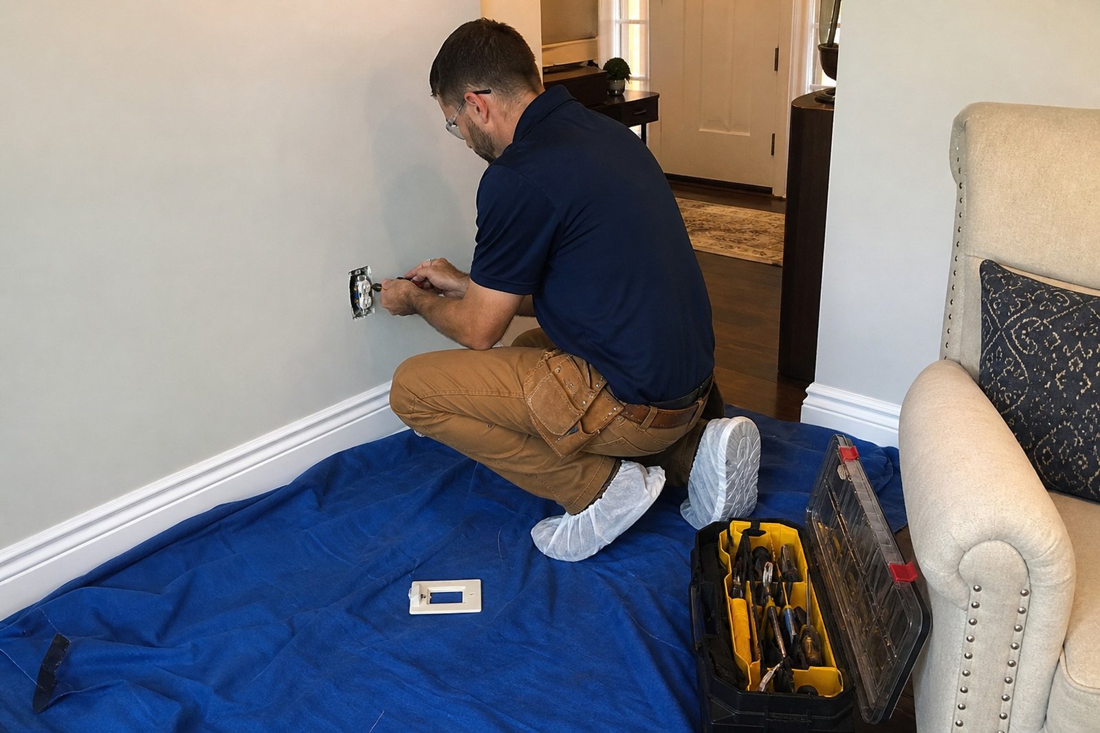 A worker in a navy polo and shoe covers kneels on a blue drop cloth to service a wall outlet in a living room.