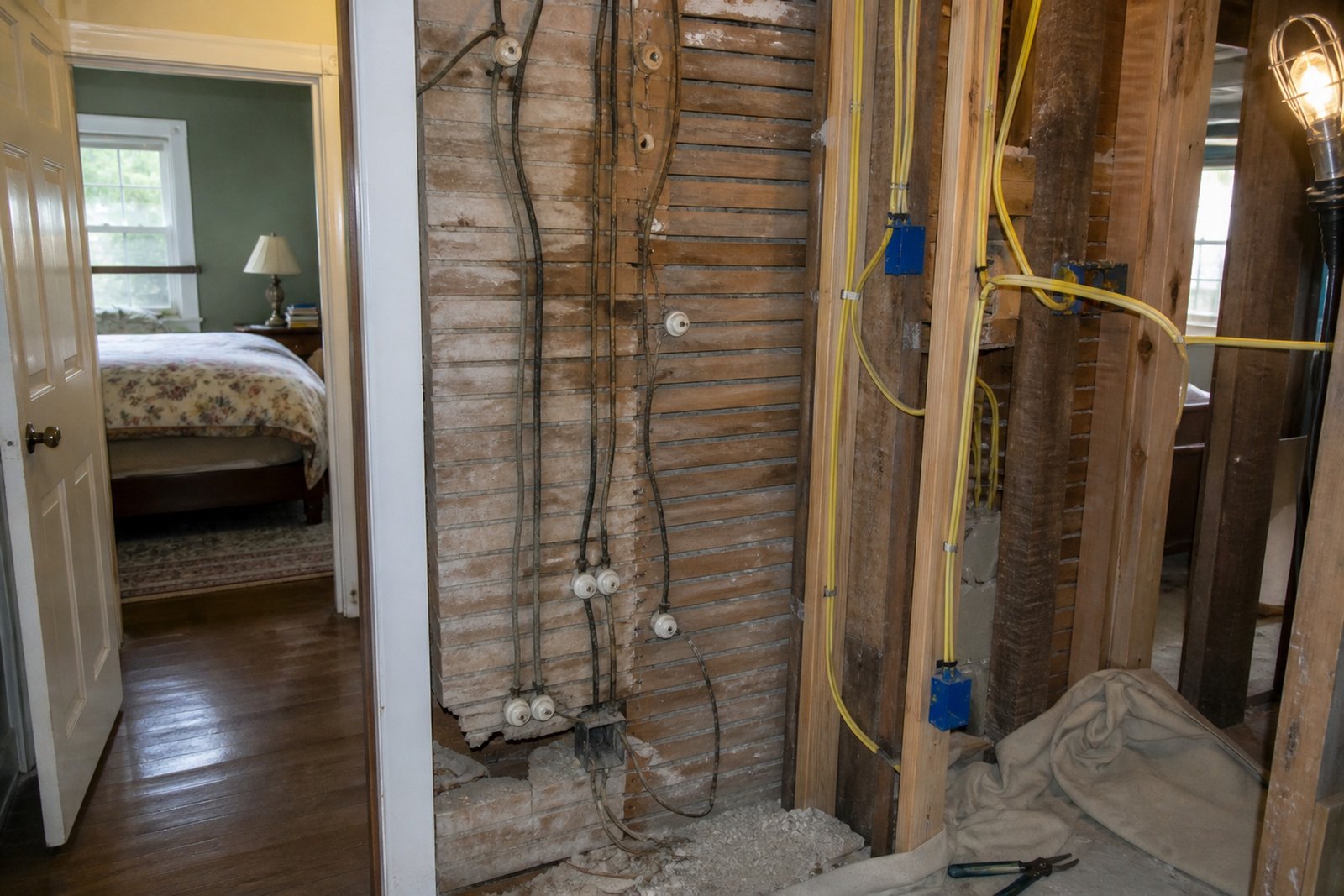 An opened interior wall showing old knob-and-tube wiring on wooden lath beside new yellow cables and blue boxes in wooden studs.
